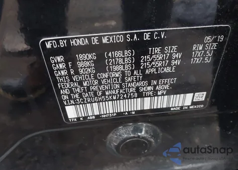 2019 Honda Hr-V Ex z USA, uszkodzony, nr VIN 3CZRU6H55KM724758